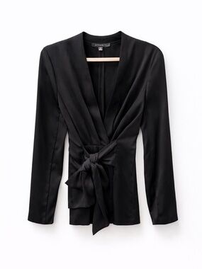 Dynamite Black Satin Wrap Blouse with Side Tie